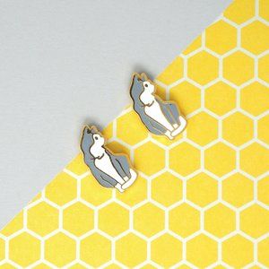 Handcrafted Gray White Cat Enamel Stud Earrings